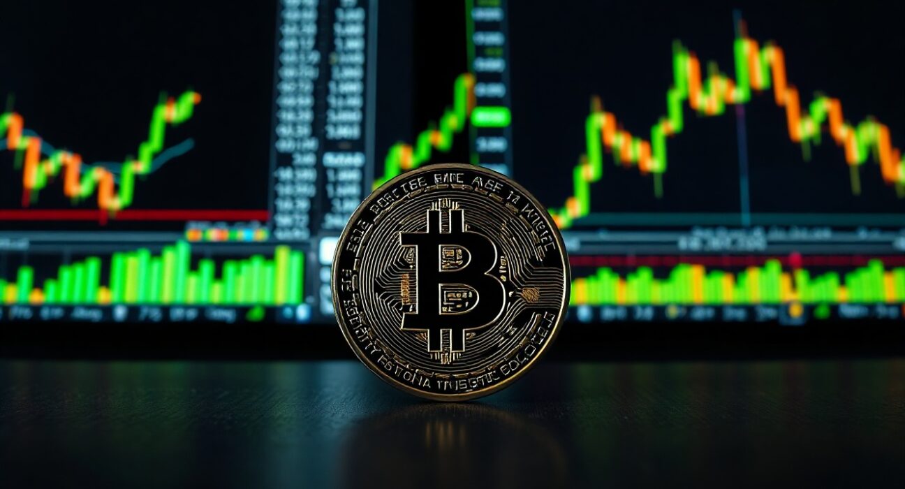 Bitcoin coin on trading desk with green chart monitors in background
