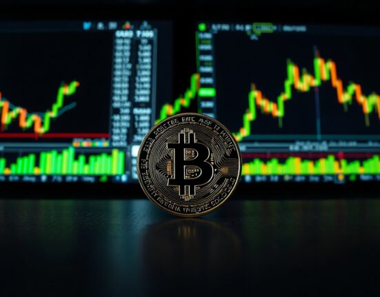 Bitcoin coin on trading desk with green chart monitors in background