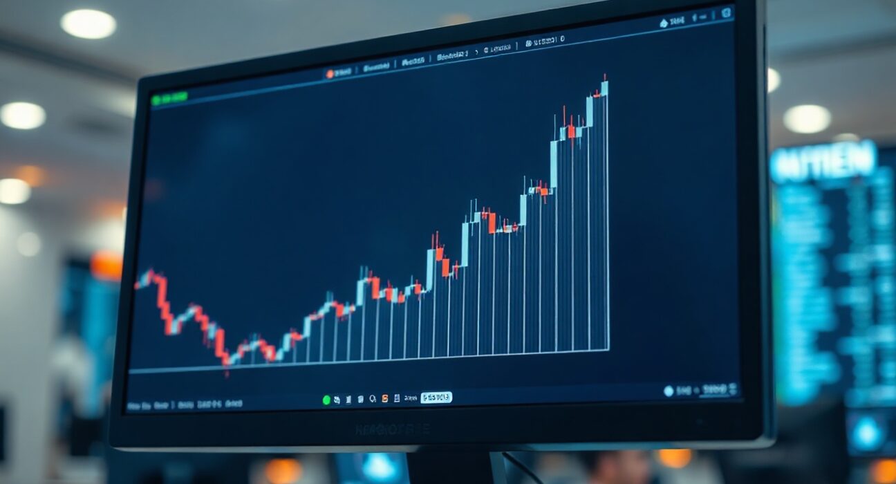 LINK price chart on a trading screen with blockchain network graphics in the background