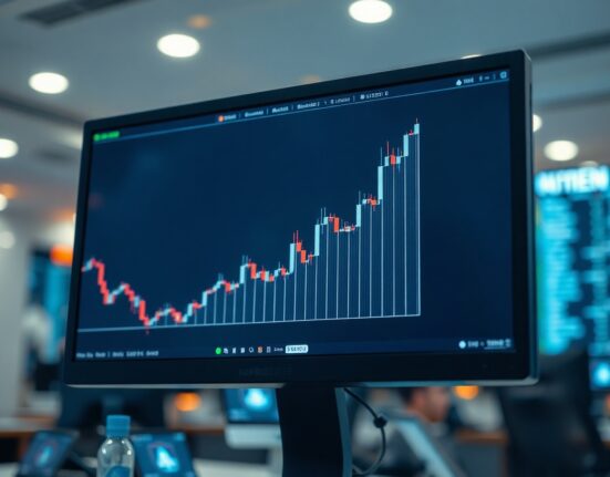 LINK price chart on a trading screen with blockchain network graphics in the background