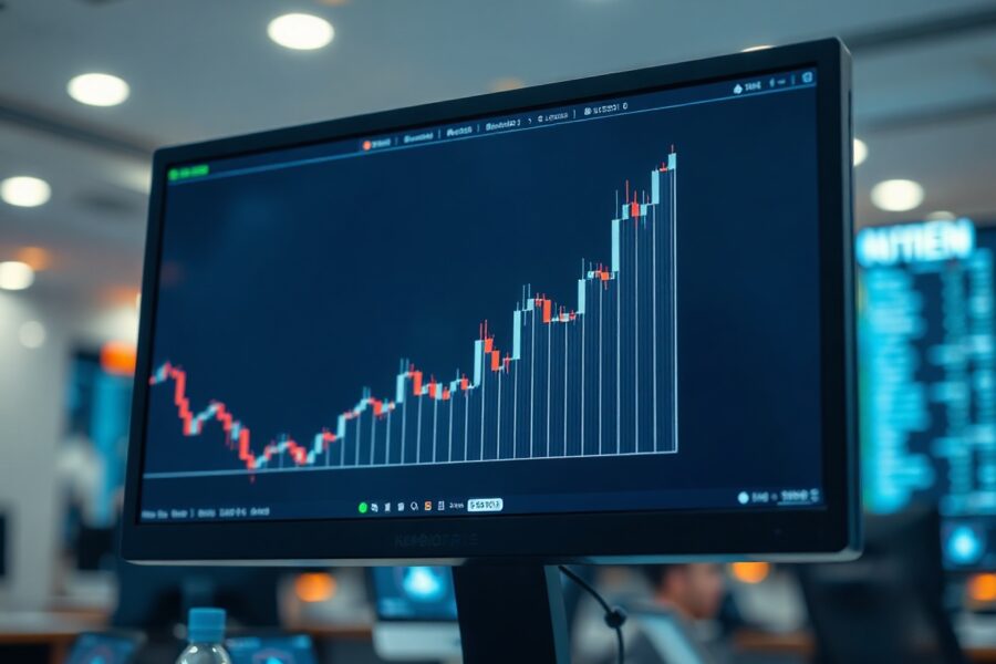 LINK price chart on a trading screen with blockchain network graphics in the background