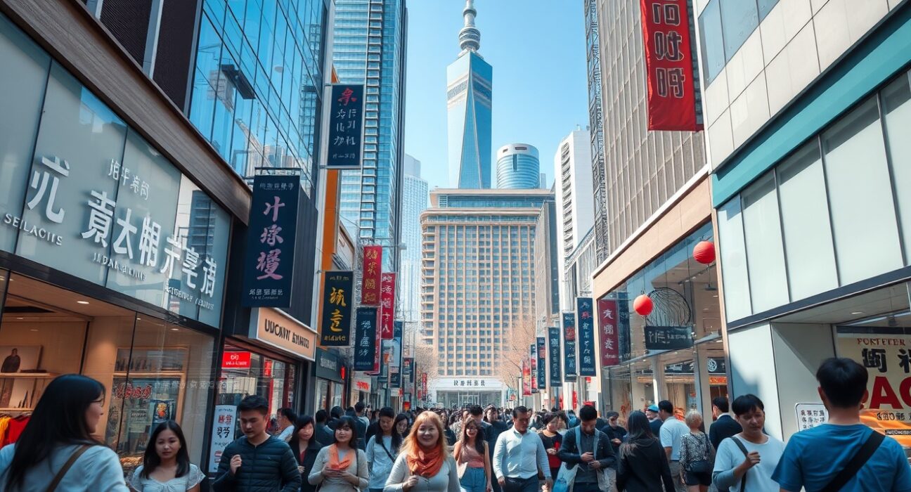 Bustling shopping street in a modern Chinese city with crowds of shoppers