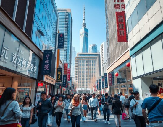 Bustling shopping street in a modern Chinese city with crowds of shoppers