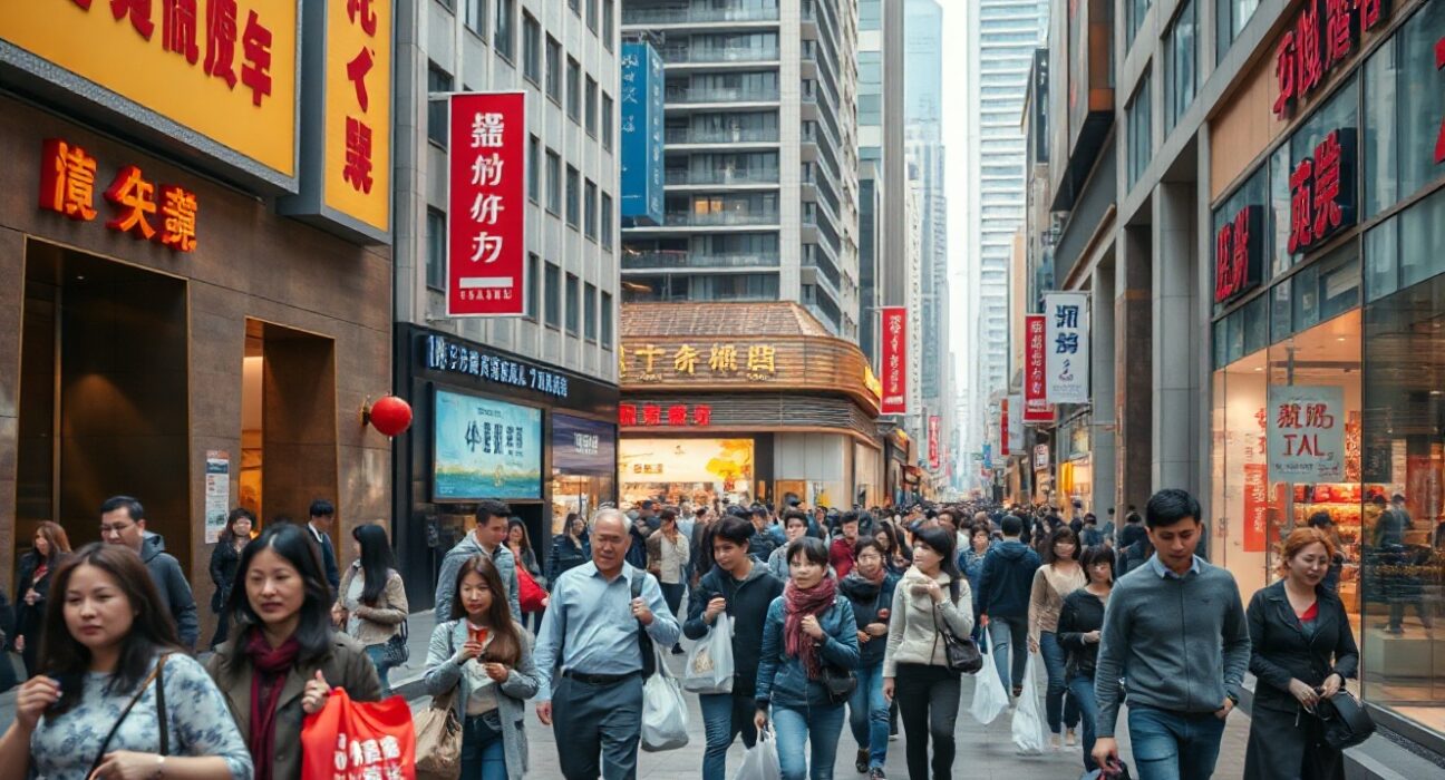Shoppers walking through a busy retail district in a Chinese city, reflecting consumer sentiment.