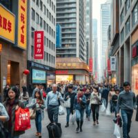 Shoppers walking through a busy retail district in a Chinese city, reflecting consumer sentiment.