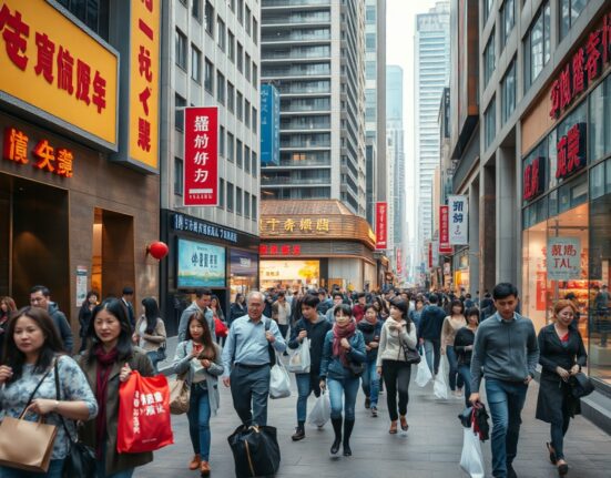 Shoppers walking through a busy retail district in a Chinese city, reflecting consumer sentiment.