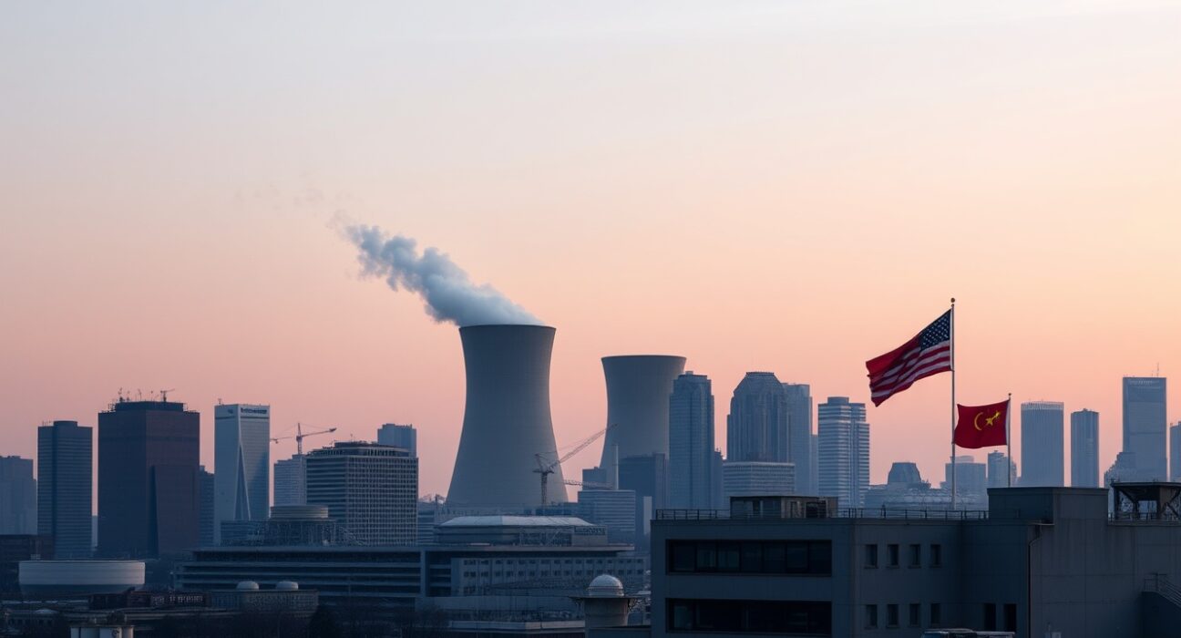 City skyline with cooling towers and American flag representing China-US trade relations