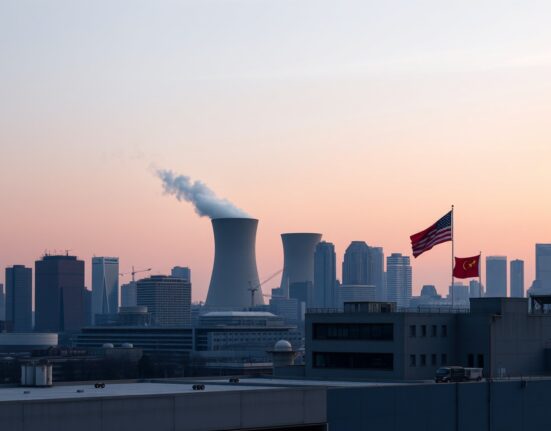 City skyline with cooling towers and American flag representing China-US trade relations