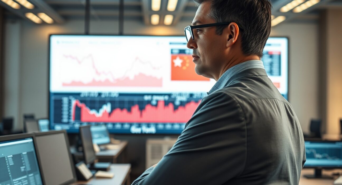 Financial analyst reviewing US-China trade charts in a modern office