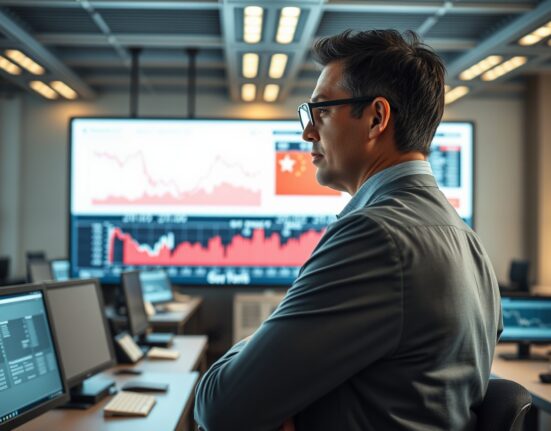 Financial analyst reviewing US-China trade charts in a modern office