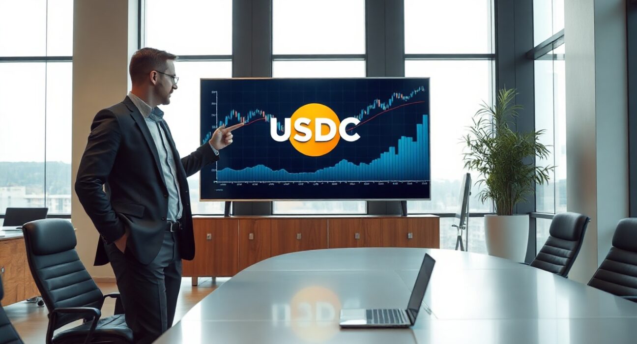 Financial analyst pointing at USDC logo on digital display in modern bank office