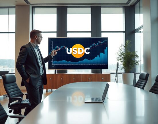 Financial analyst pointing at USDC logo on digital display in modern bank office