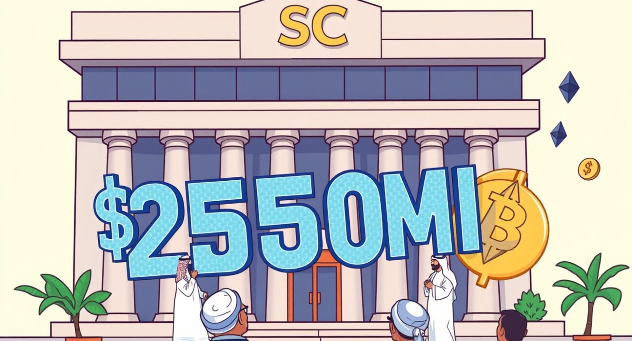 A cartoon illustration showing Standard Chartered's venture arm launching a significant crypto fund, symbolizing institutional investment in digital assets.