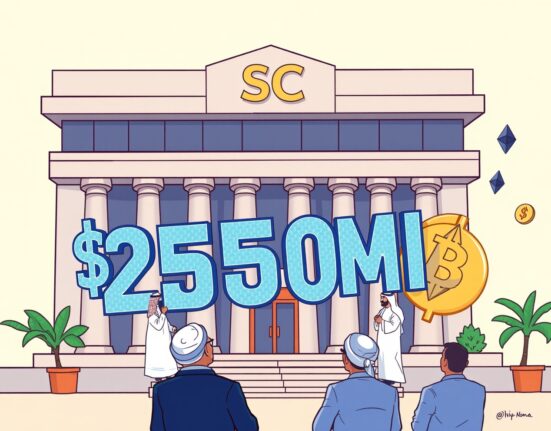 A cartoon illustration showing Standard Chartered's venture arm launching a significant crypto fund, symbolizing institutional investment in digital assets.