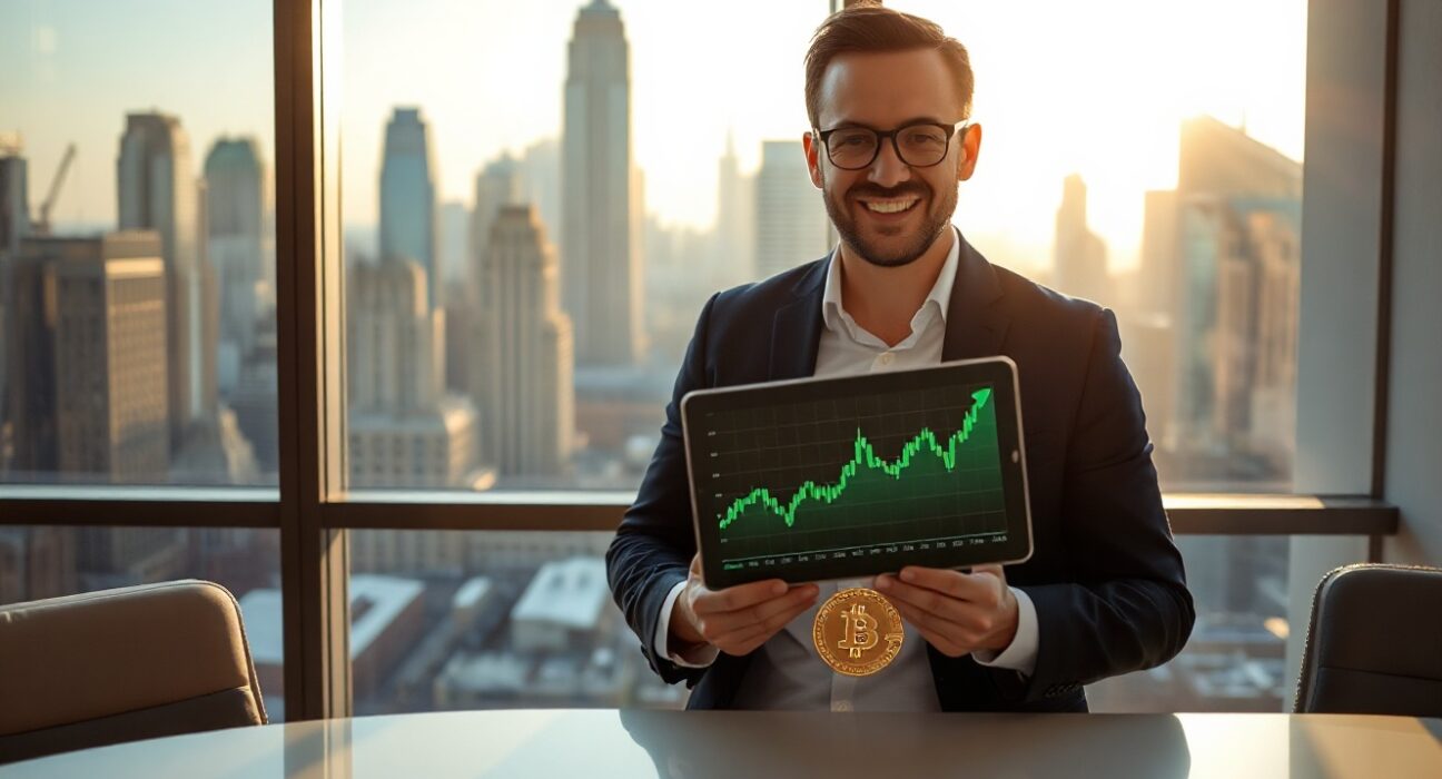 Financial analyst in modern office reviewing Bitcoin price chart on tablet with green upward trend.
