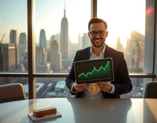 Financial analyst in modern office reviewing Bitcoin price chart on tablet with green upward trend.