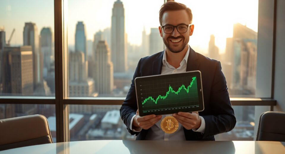 Financial analyst in modern office reviewing Bitcoin price chart on tablet with green upward trend.