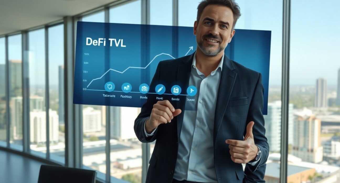 Financial analyst pointing at a digital screen showing a DeFi TVL growth chart and tokenized asset icons