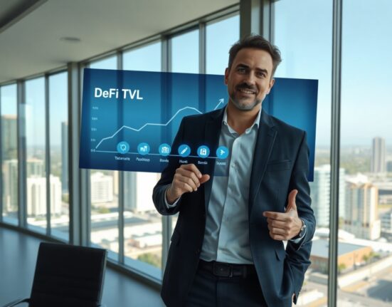 Financial analyst pointing at a digital screen showing a DeFi TVL growth chart and tokenized asset icons