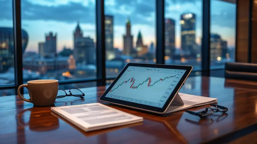 Financial research desk with a chart display and binder illustrating Standard Chartered's Ethena ENA and USDe forecast