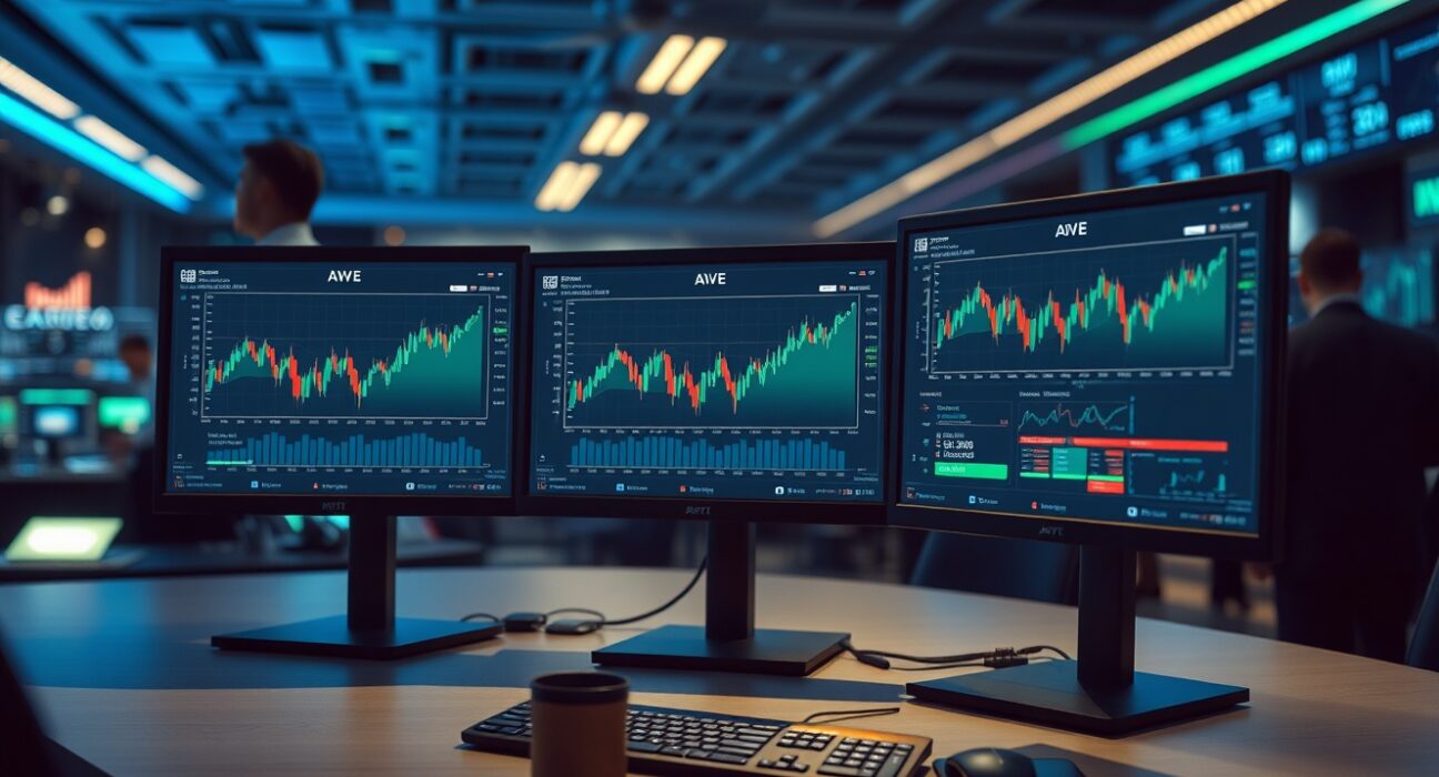 Financial trading desk monitors displaying Aave charts and DeFi data