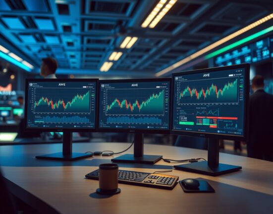 Financial trading desk monitors displaying Aave charts and DeFi data