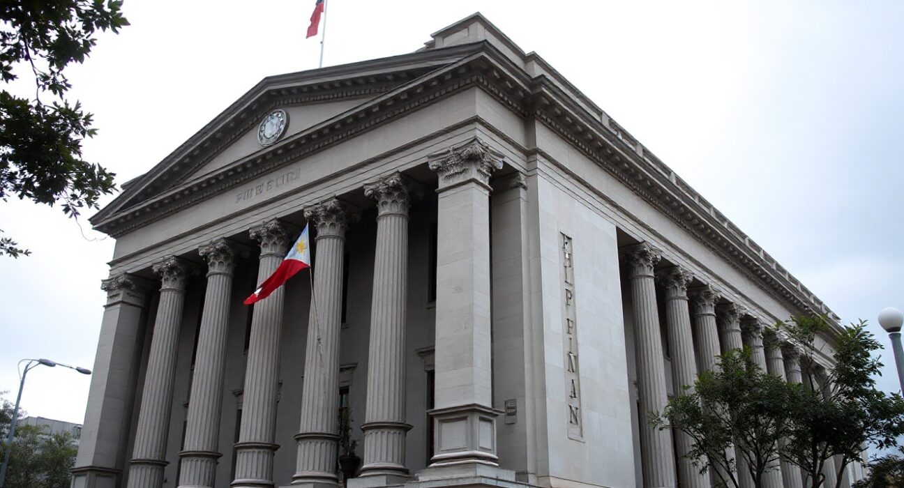 Bangko Sentral ng Pilipinas headquarters in Manila under overcast sky