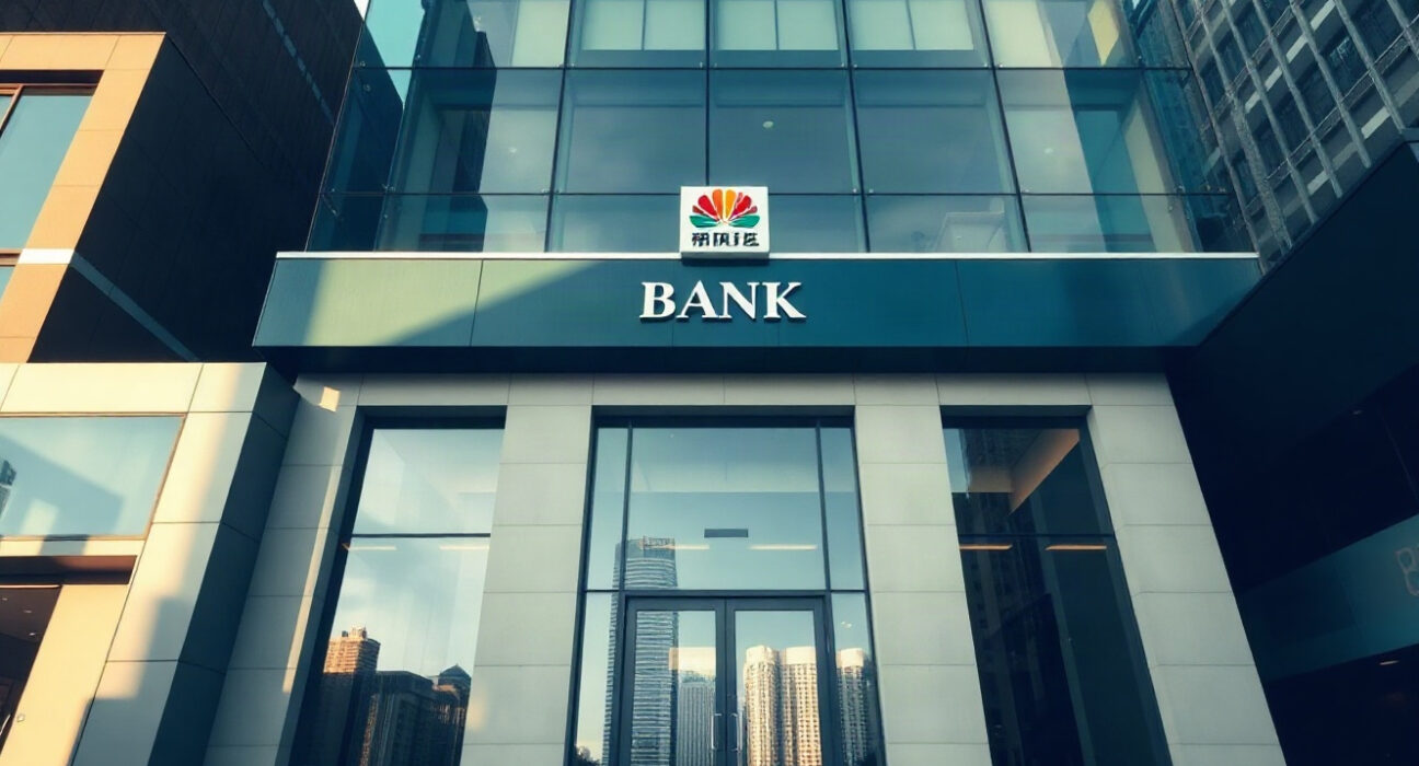 Standard Chartered bank building in Hong Kong Central, with city skyline in background