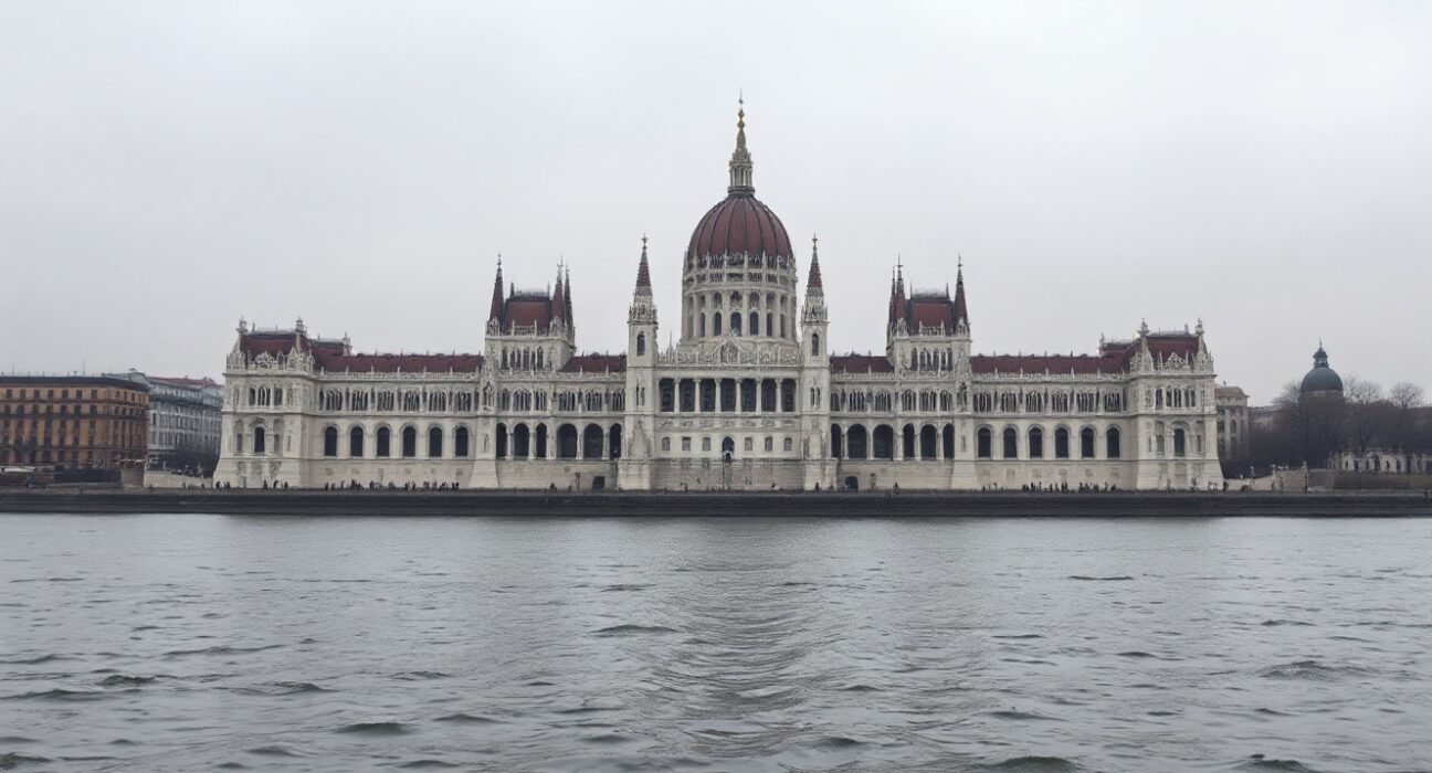 Hungarian Parliament building in Budapest, Hungary, on a cloudy day, representing economic policy and the Forint.