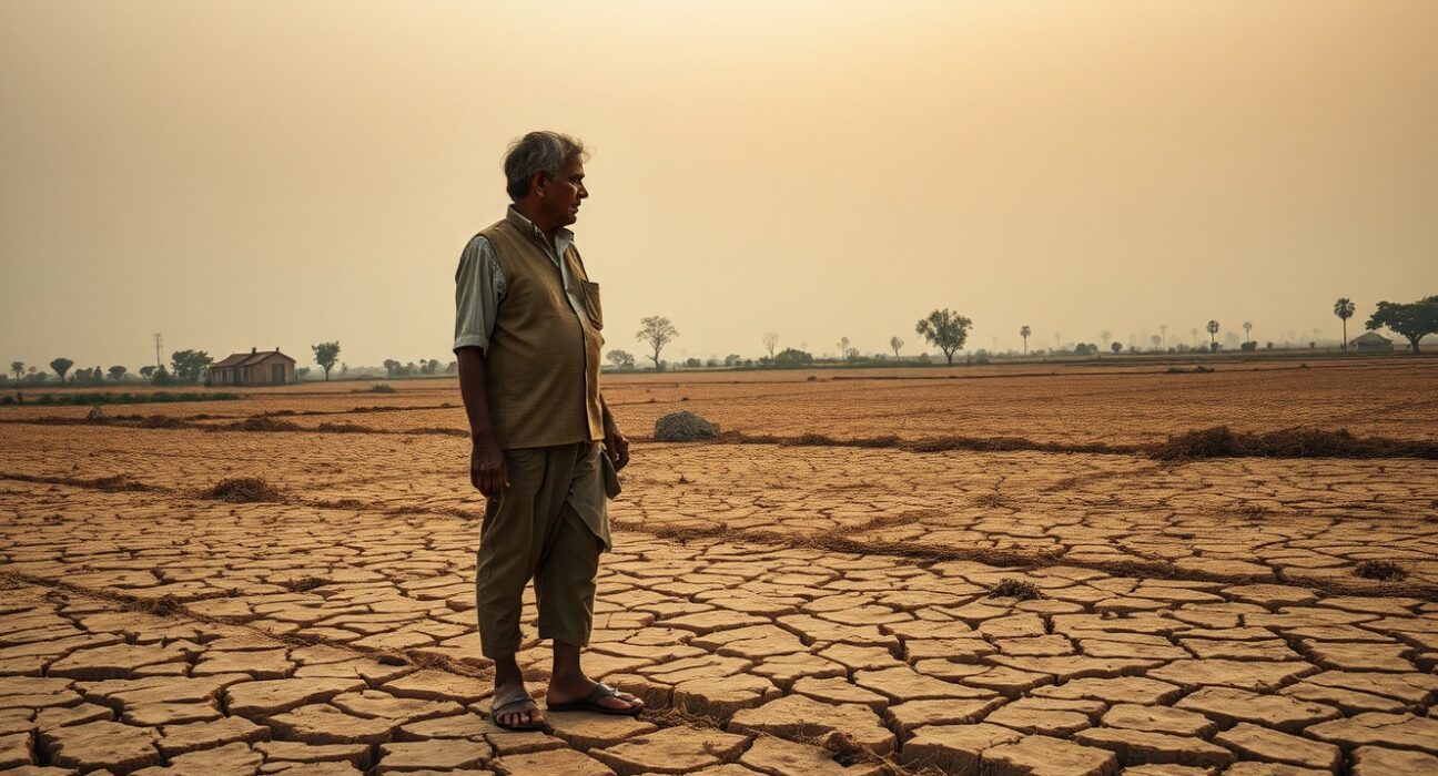 Farmer standing on cracked, dry earth in a drought-affected field in rural India, representing weather-driven inflation risks.