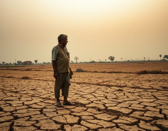 Farmer standing on cracked, dry earth in a drought-affected field in rural India, representing weather-driven inflation risks.