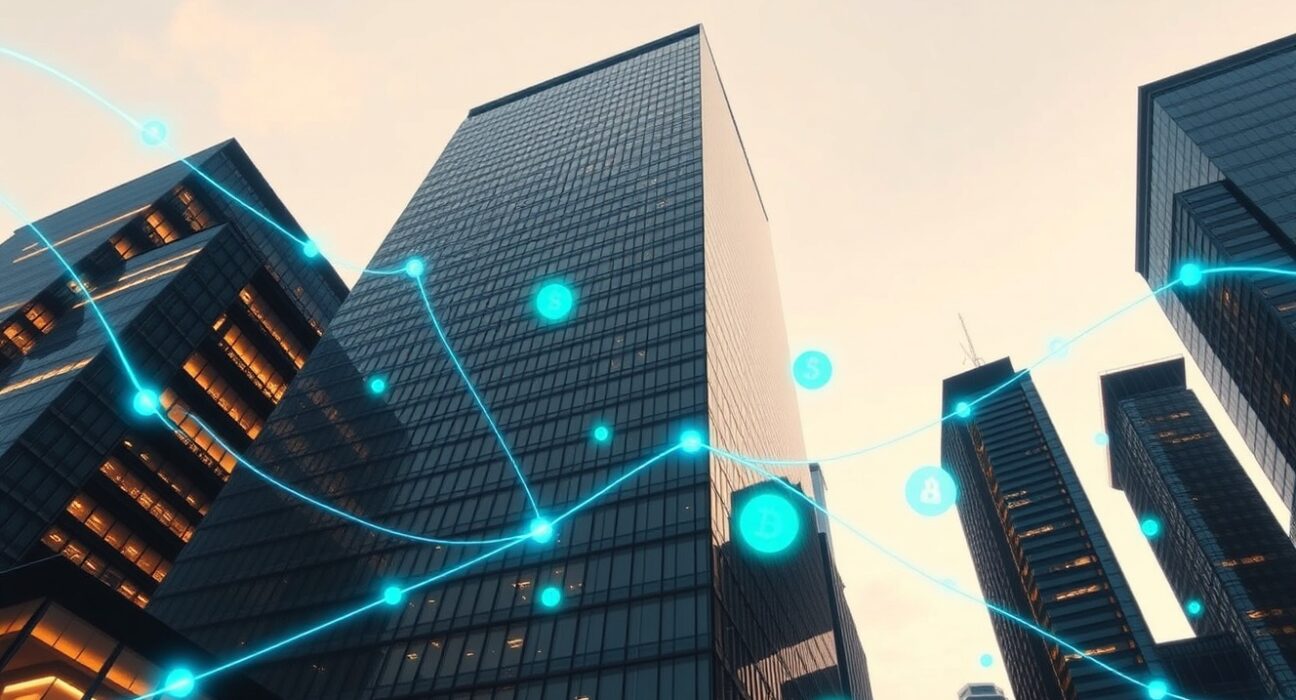 Financial district skyline with digital blockchain network overlays representing DeFi growth and MORPHO token forecast.