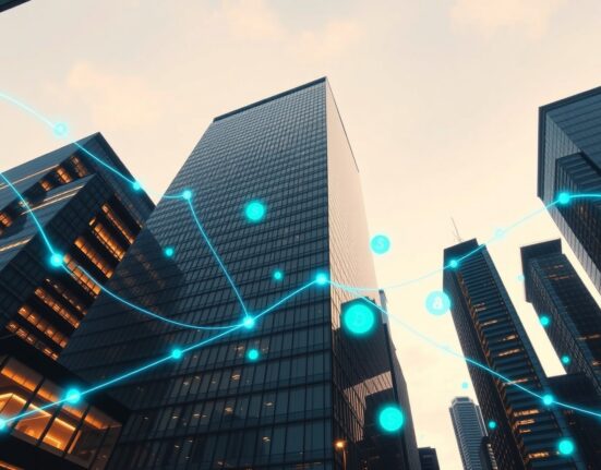 Financial district skyline with digital blockchain network overlays representing DeFi growth and MORPHO token forecast.