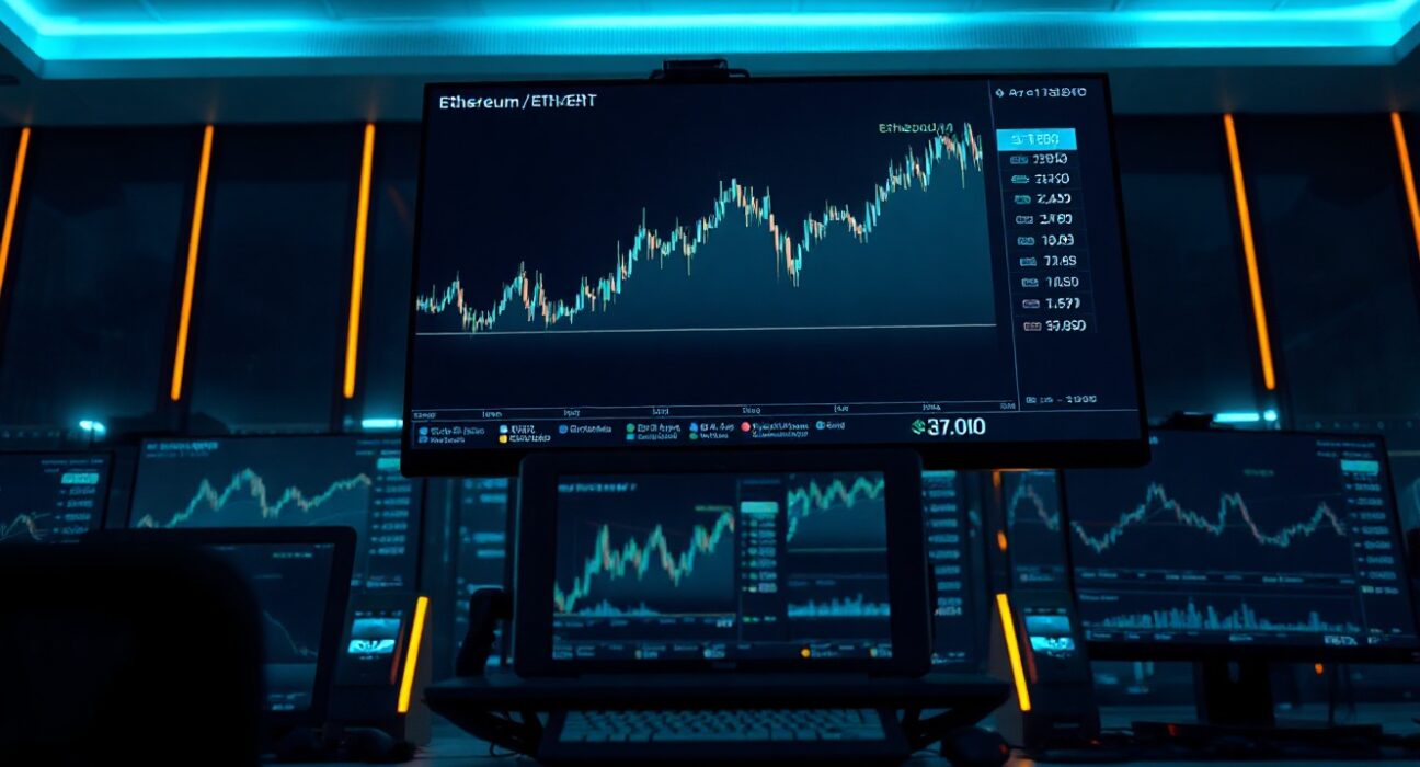 Trading monitors showing Ethereum outperforming Bitcoin with ETH/BTC ratio chart
