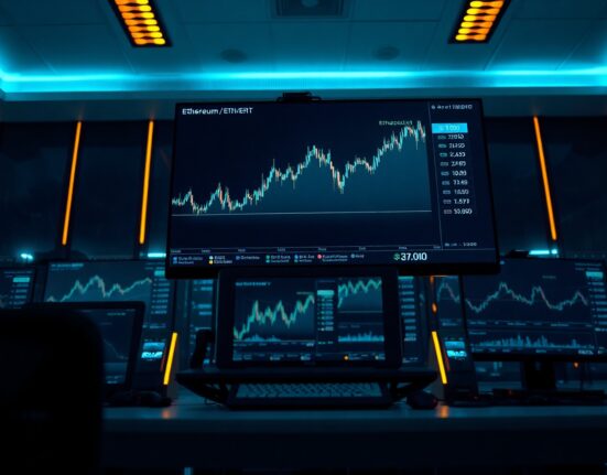 Trading monitors showing Ethereum outperforming Bitcoin with ETH/BTC ratio chart
