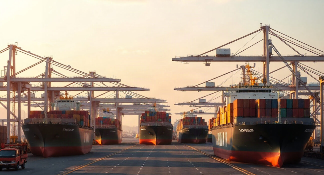 Container port in Taiwan at golden hour with cranes loading ships
