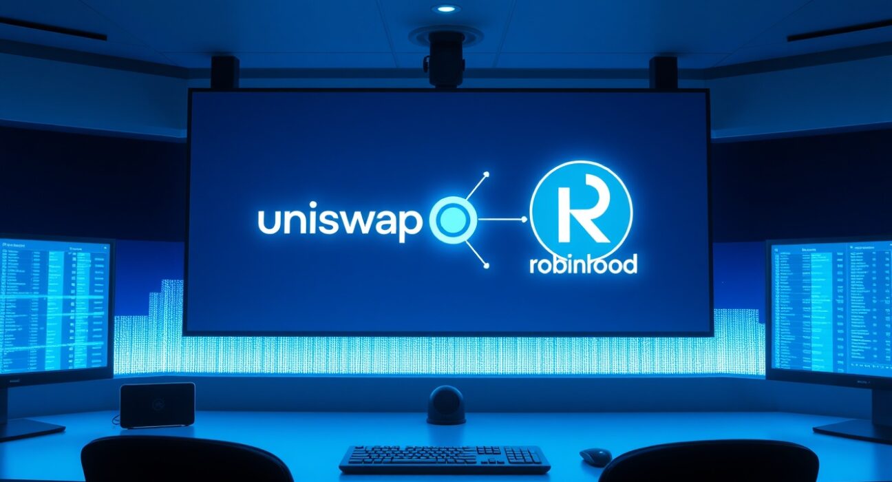 Digital display showing Uniswap and Robinhood logos connected by a blockchain network in a modern trading room