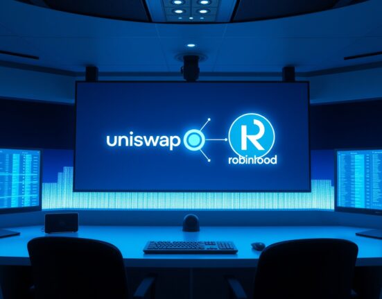 Digital display showing Uniswap and Robinhood logos connected by a blockchain network in a modern trading room