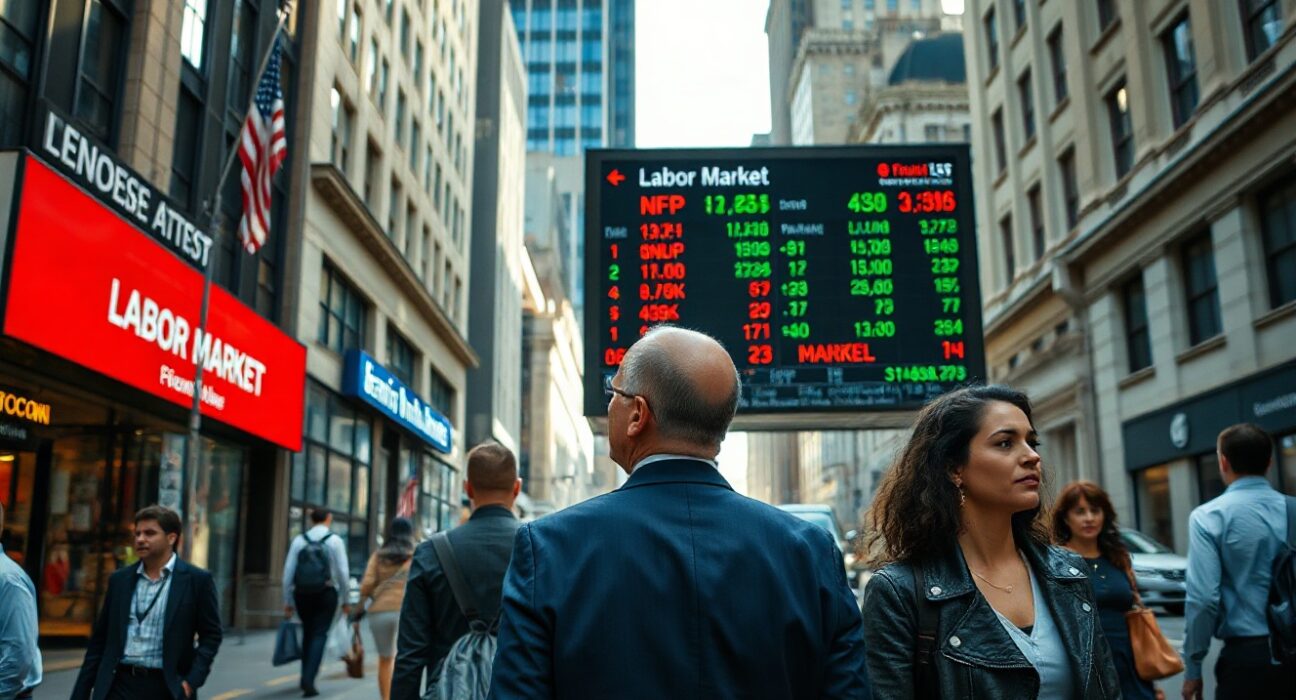 Commuters walk past a financial data display showing NFP and labor market indicators in a US city.
