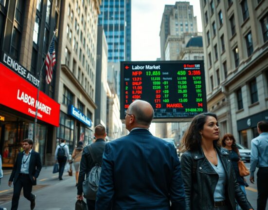 Commuters walk past a financial data display showing NFP and labor market indicators in a US city.