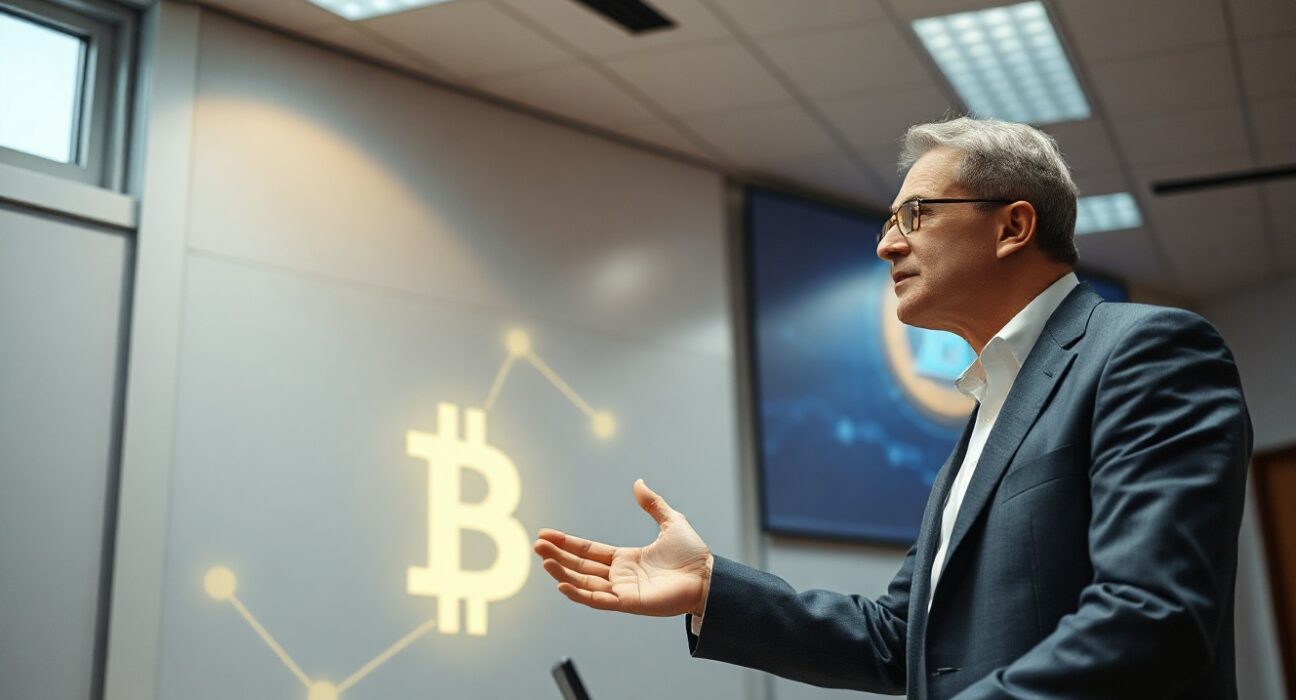 Dan Boneh speaking at a podium with a Bitcoin and quantum computing screen in background