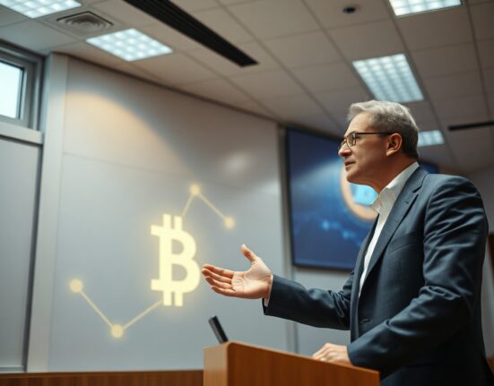 Dan Boneh speaking at a podium with a Bitcoin and quantum computing screen in background