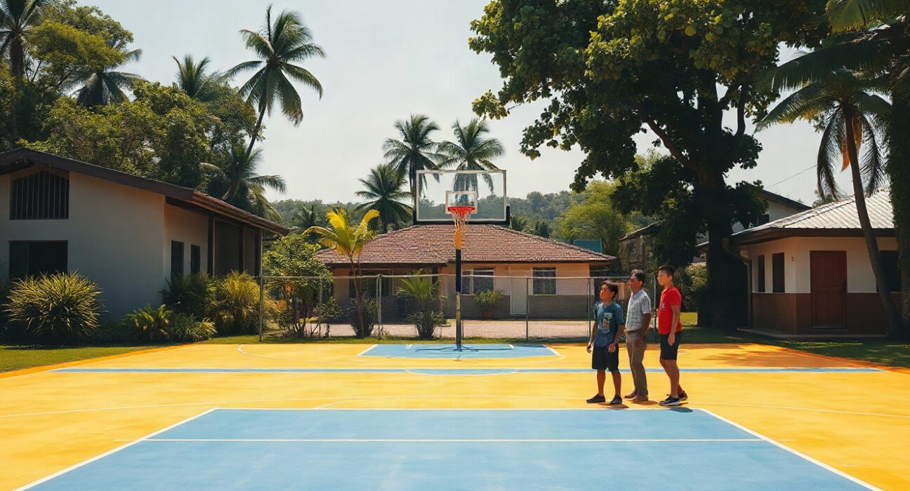 Newly renovated basketball court in the Philippines with fresh markings and hoops, surrounded by community members.