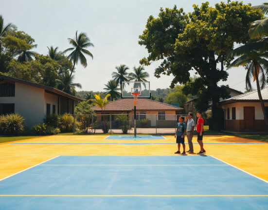 Newly renovated basketball court in the Philippines with fresh markings and hoops, surrounded by community members.