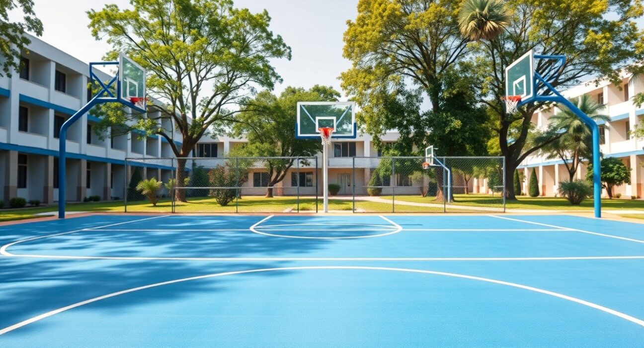 Newly renovated basketball court at the University of Lagos, with fresh paint and hoops, surrounded by campus buildings.