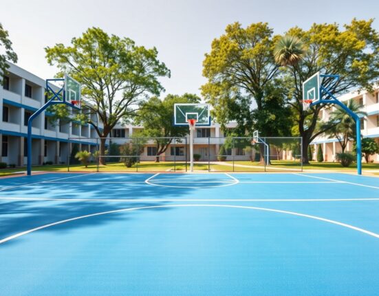 Newly renovated basketball court at the University of Lagos, with fresh paint and hoops, surrounded by campus buildings.