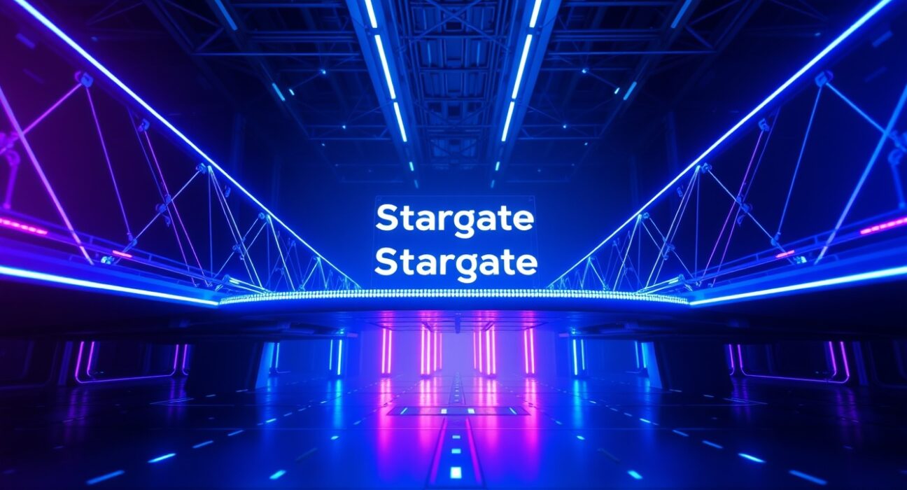 Futuristic digital bridge connecting two blockchain networks representing Stargate Finance cross-chain technology.