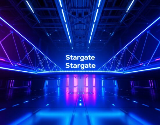 Futuristic digital bridge connecting two blockchain networks representing Stargate Finance cross-chain technology.