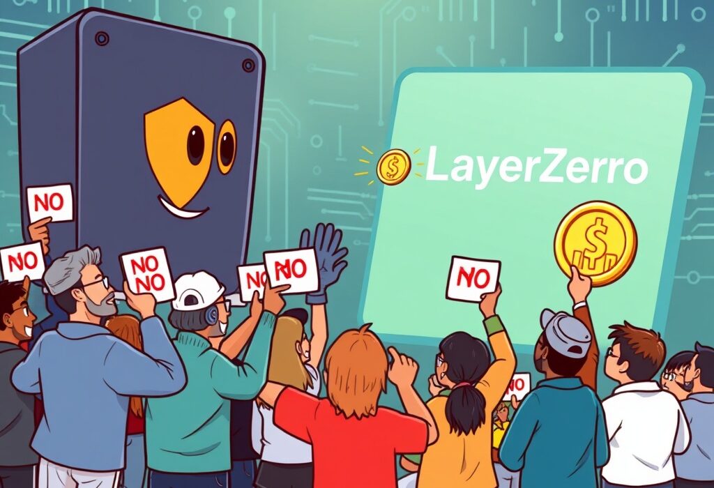 A cartoon image showing Stargate holders firmly rejecting a LayerZero buyout proposal, symbolizing community power in crypto.