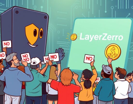 A cartoon image showing Stargate holders firmly rejecting a LayerZero buyout proposal, symbolizing community power in crypto.